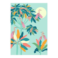 Drawn To The Moon, Stork Heron Flamingo Birds, Tropical Pastel Wildlife Forest Nature, Animals Jungle Bohemian Eclectic Fly (Print Only)