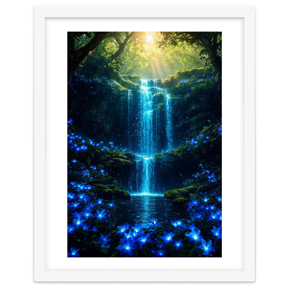 Ethereal Blue Waterfall: Magical Forest Oasis