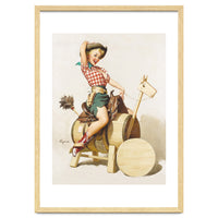 Pinup Cowgirl Riding A Wooden Horse Made Of Barrel