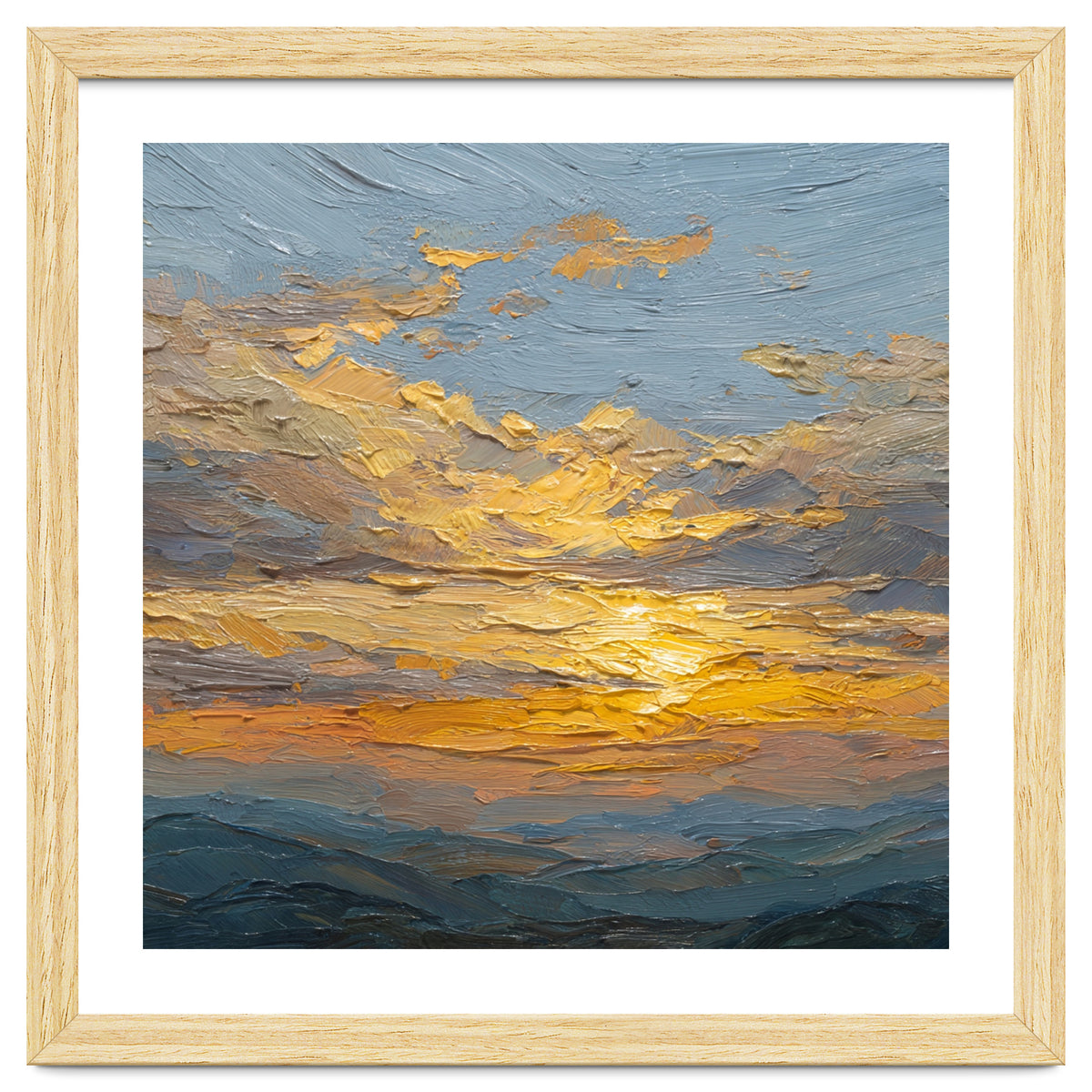 Atmospheric Golden Sunset Impasto Oil Painting Featuring Textured Clouds