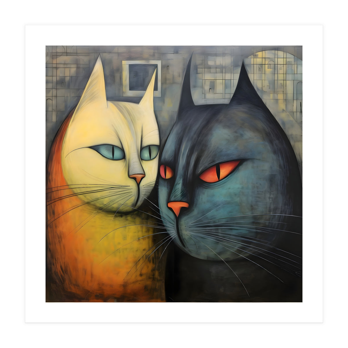 FURRY FRIENDS: GOLDIE AND CHARCOAL, lively duo of animated cats – green eyes, orange eyes. Whiskers charm. (Print Only)