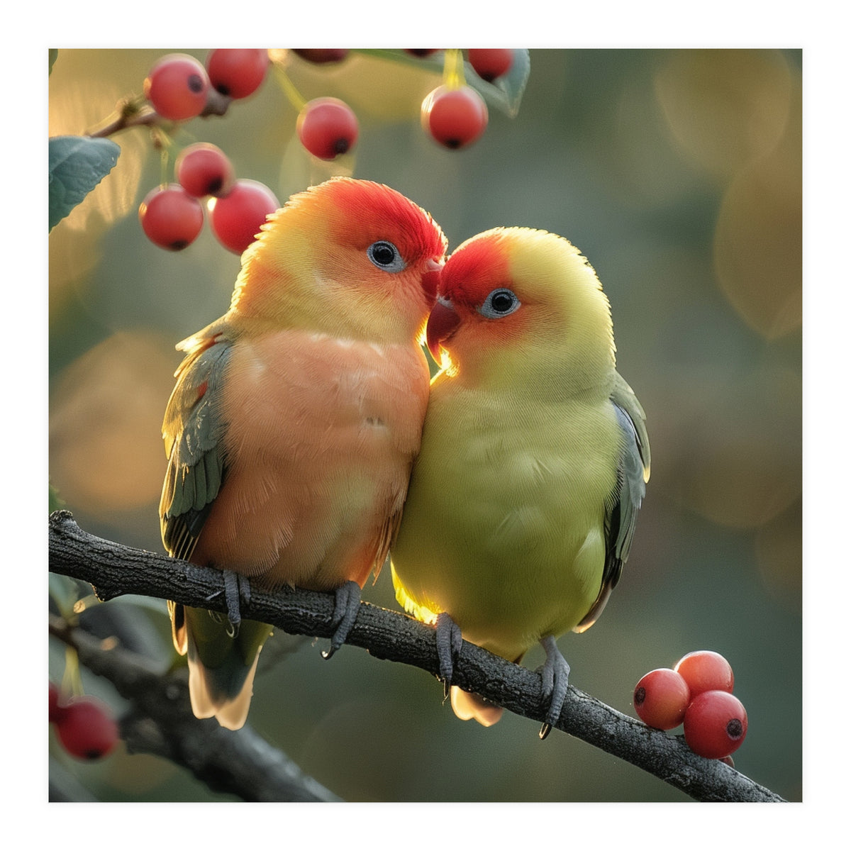 Two Lovebirds Sitting On A Branch (Print Only)