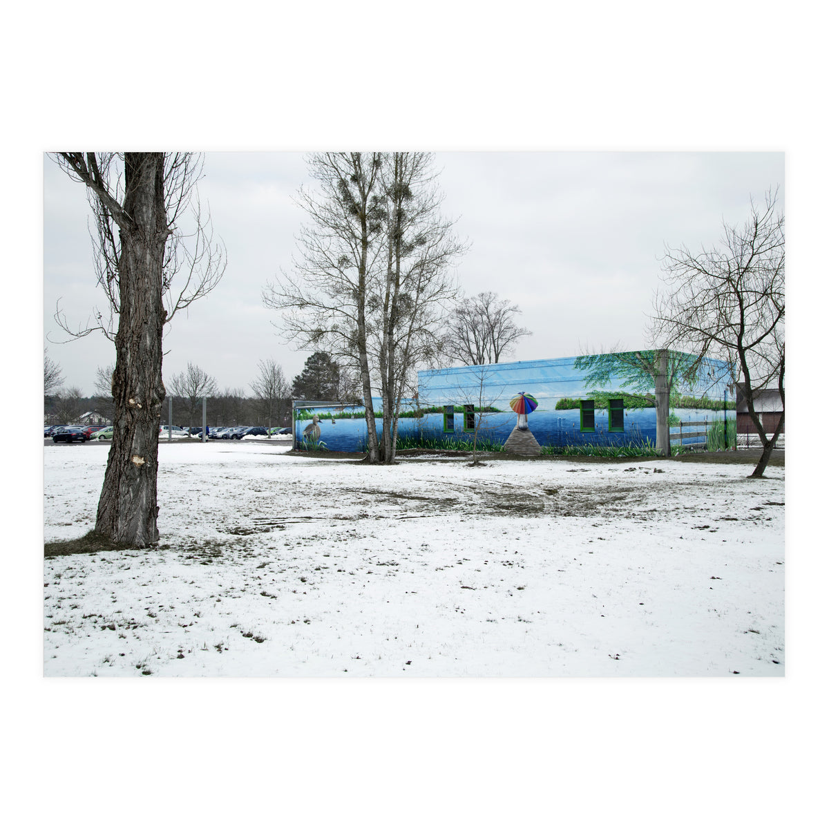 Colorful barn in the snowy ground landscape (Print Only)