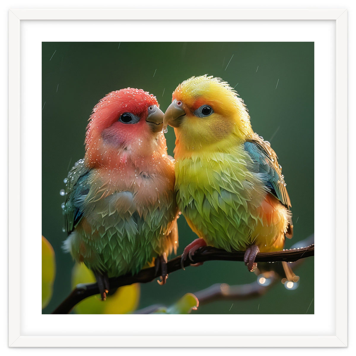 Two Lovebirds Perched On A Branch In Rain