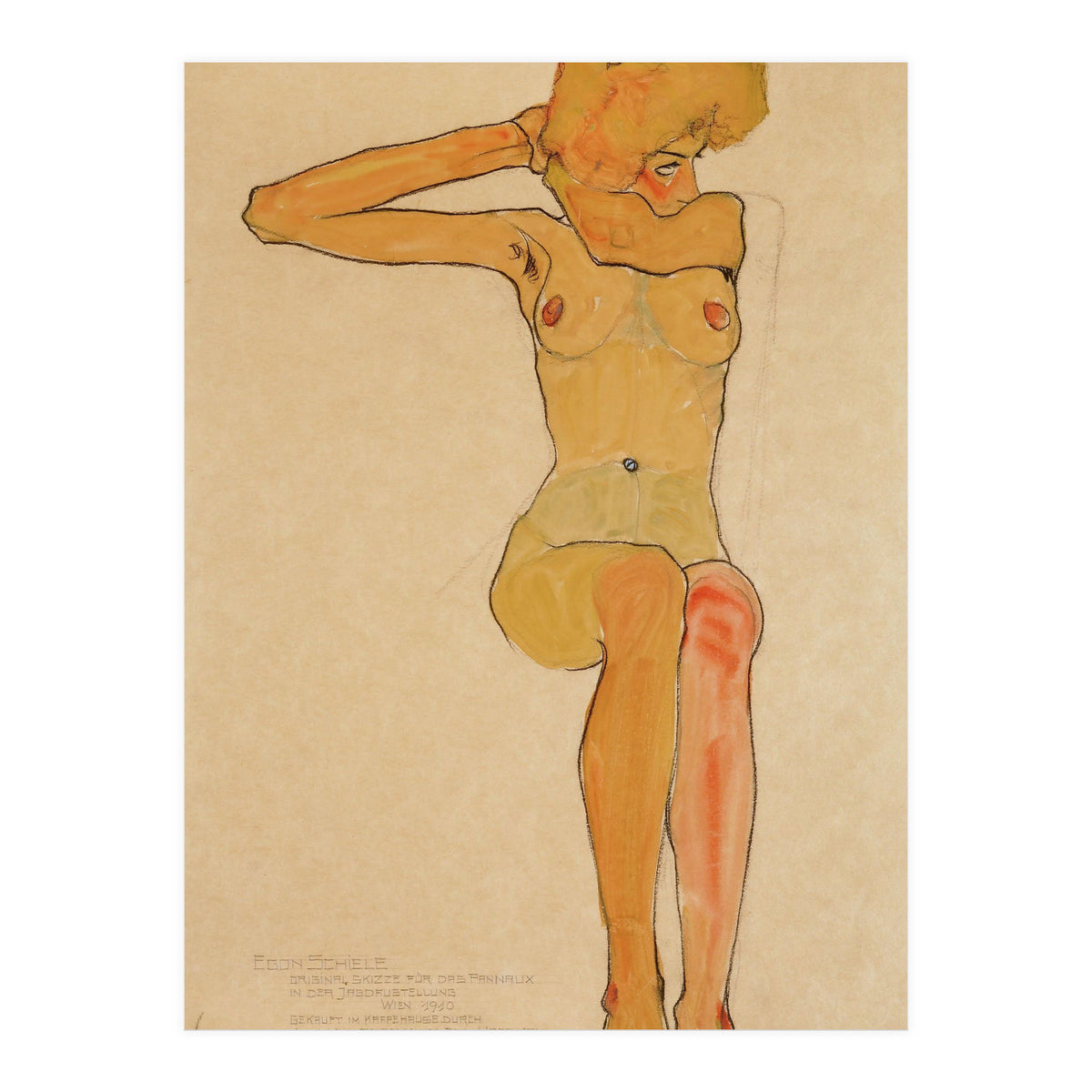 Seated female nude with raised right arm,1910 Gouache,. (Print Only)