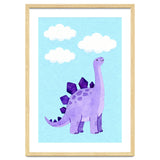 Purple Stegosaurus Watercolor Art, Cute Dinosaur Nursery Print, Dino and Clouds Illustration thumbnail