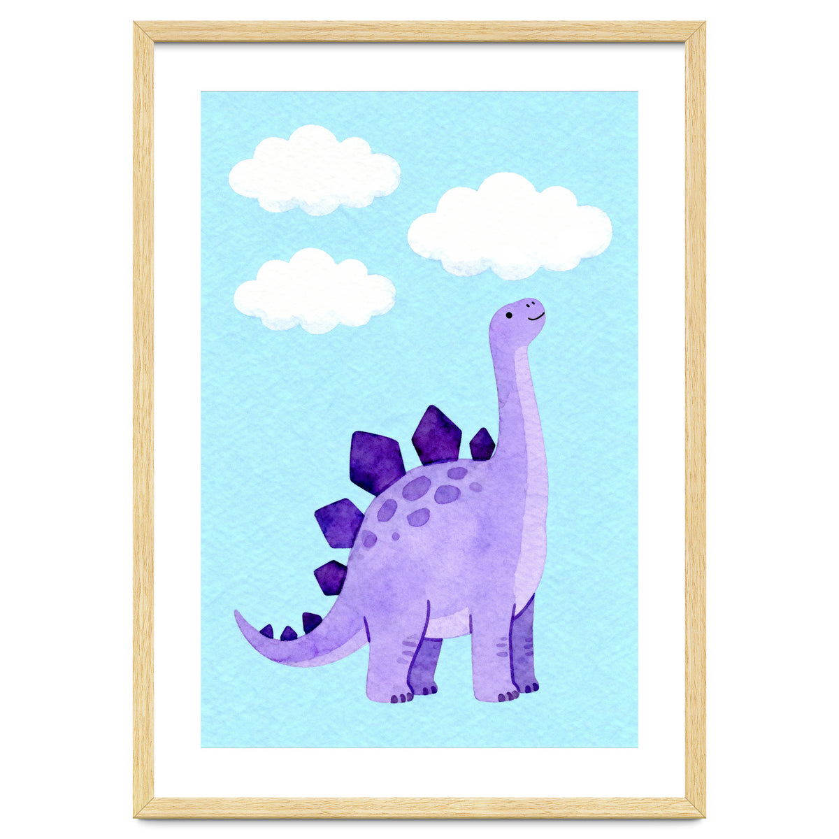 Purple Stegosaurus Watercolor Art, Cute Dinosaur Nursery Print, Dino and Clouds Illustration
