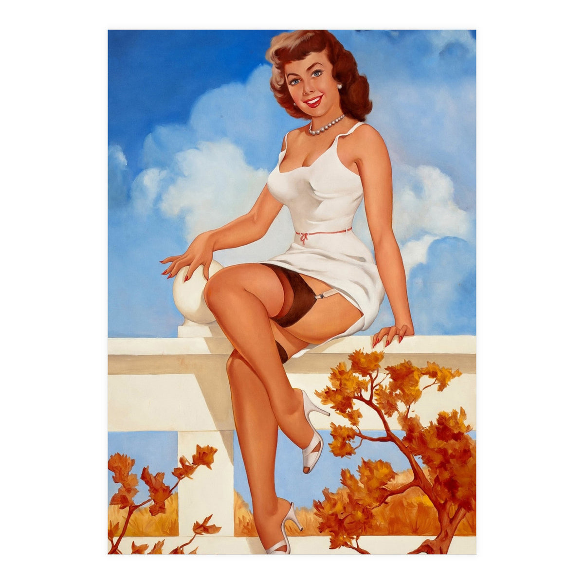 Beautiful Pinup Girl Posing On A Fence (Print Only)