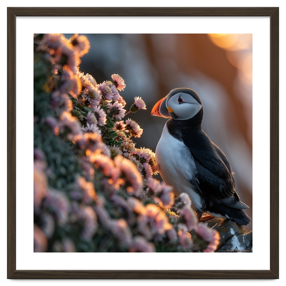 Puffin Bird On Rocks Near Pink Flowers At Sunset