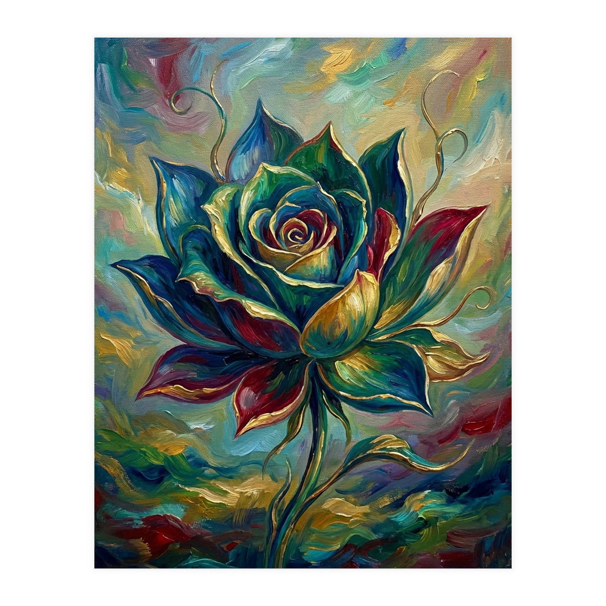 Enchanted Teal and Gold Rose Impasto Oil Painting (Print Only)