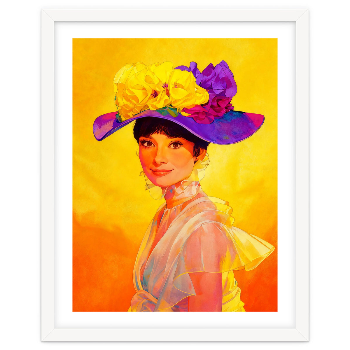 Audrey Hepburn Pop Art, Vibrant Floral Hat Portrait, Iconic Movie Star Illustration