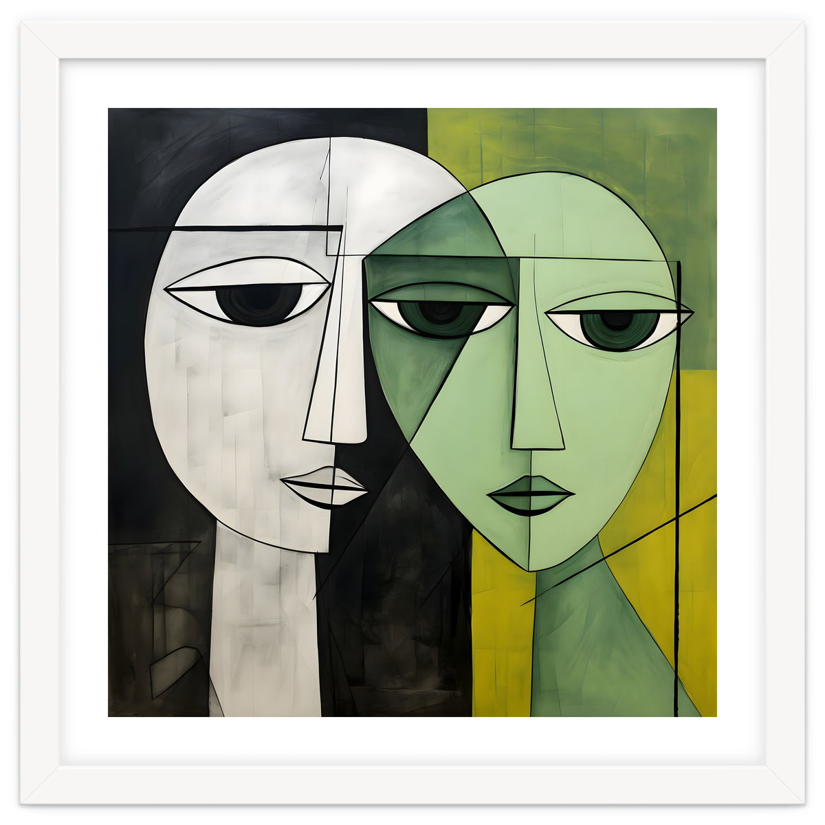 DYNAMIC FUSION, Two abstract heads converge - vibrant green tones intertwine with cool grey hues, a dance of contrast and connection.