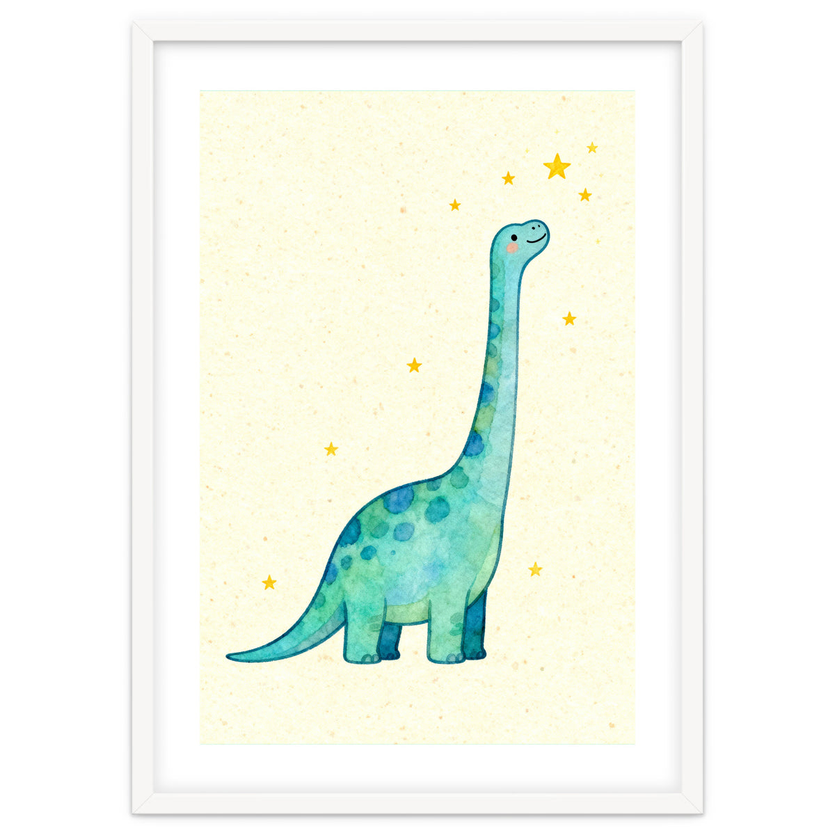 Cute Brontosaurus Watercolor Art, Whimsical Dinosaur Nursery Print, Starry Dino Illustration