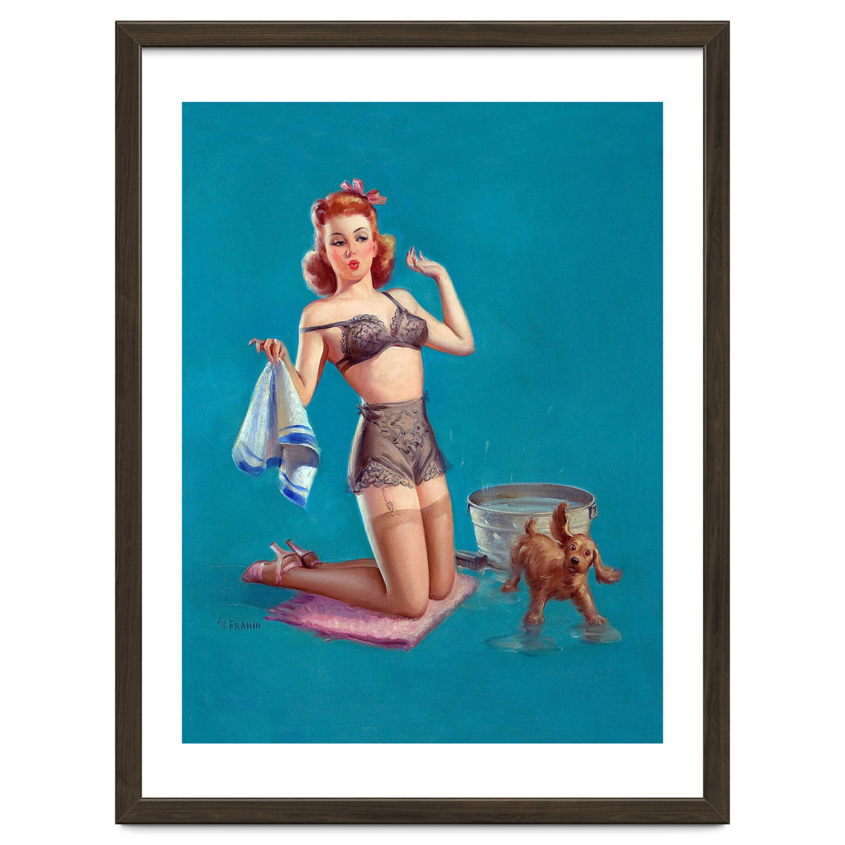 Pinup Girl Bathing A Dog