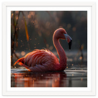 Pink Flamingo Swimming In Sunlight Water