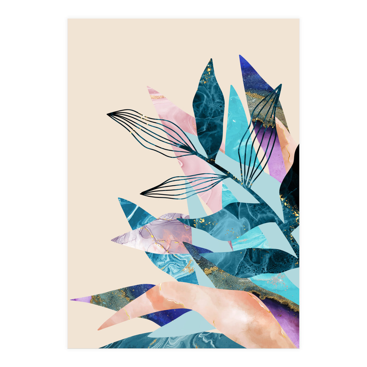 Marble Fantasy, Luxe Abstract Texture Botanical Concept, Eclectic Graphic Design Bohemian Contemporary (Print Only)