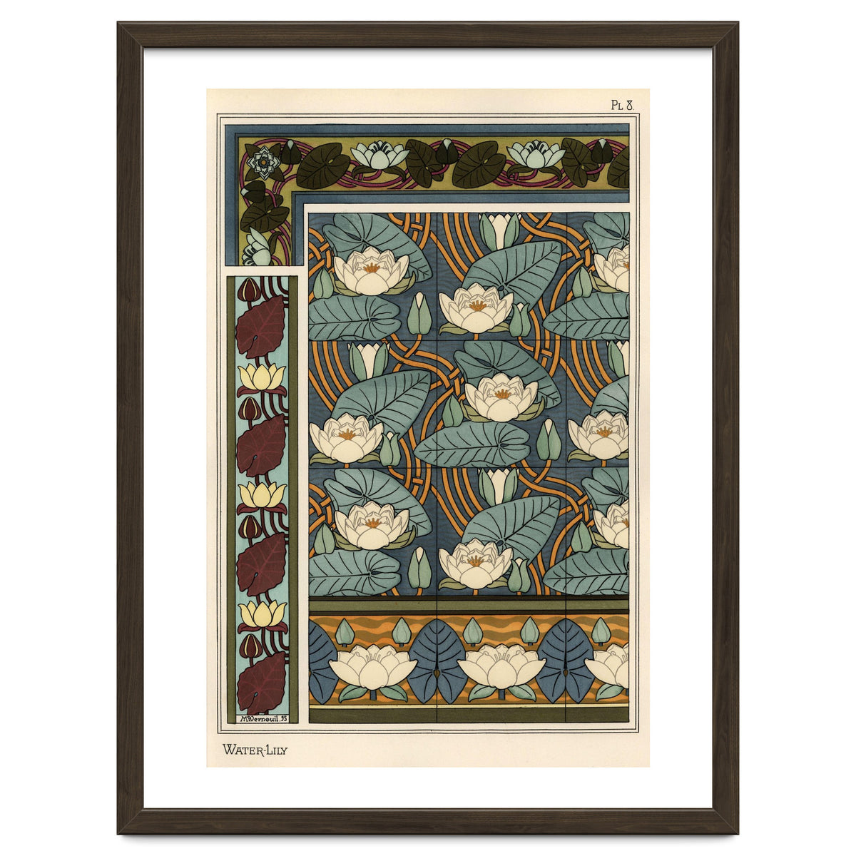 The water lily, Nelumbo lutea, in wallpaper and tile patterns. Lithograph by Verneuil.