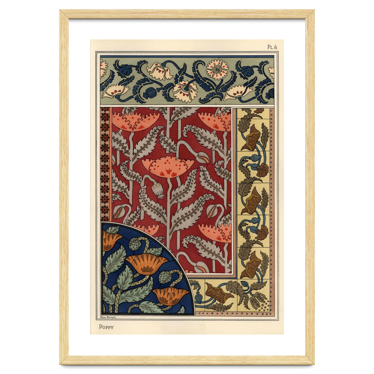The poppy, Papaver somniferum, in stained glass, wallpaper, fabric and tile patterns. Lithograph ...