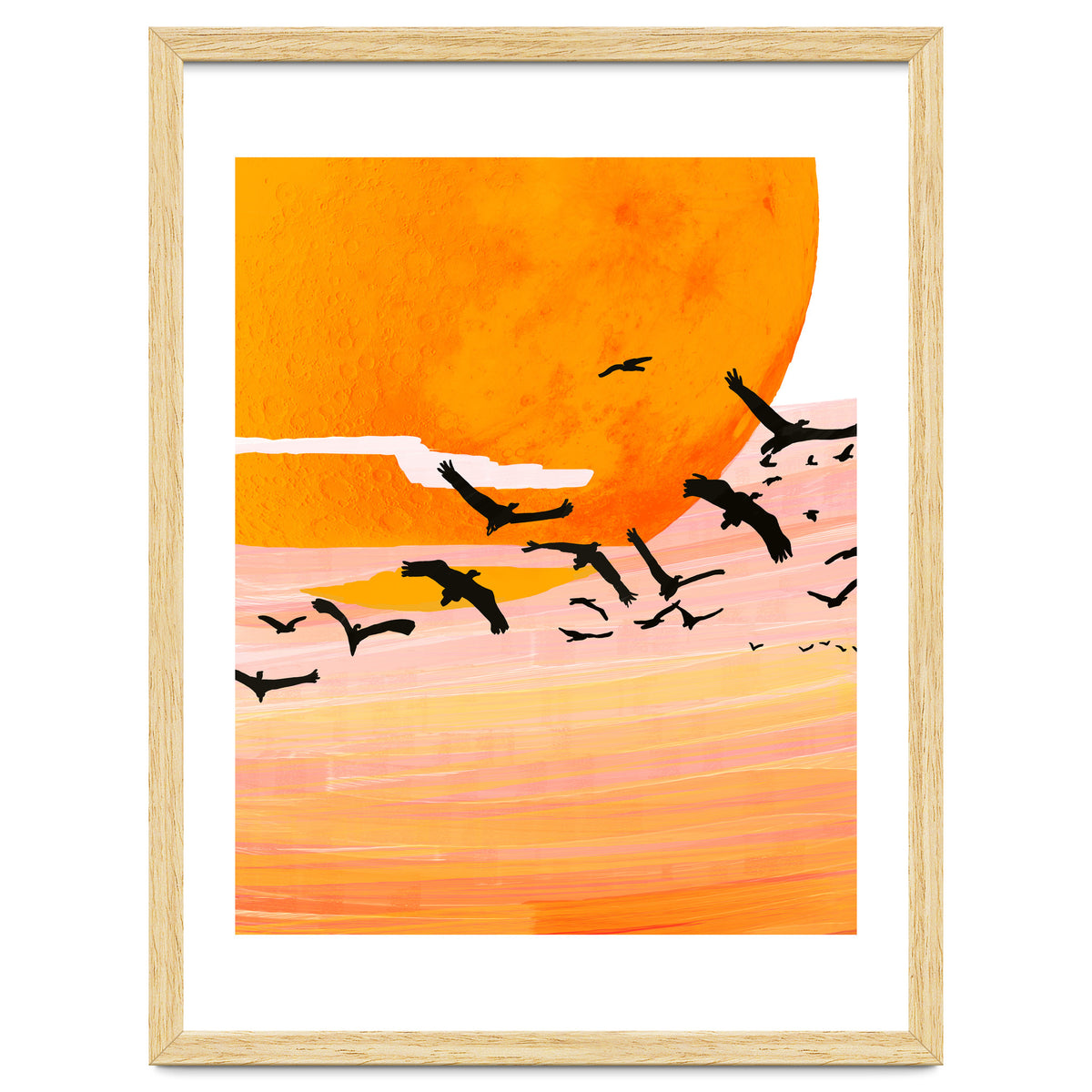 Time Flies, Birds Wildlife Fly Freedom Nature, Sun Sunset Sunrise Positivity Hope Painting, Growth Migrate Gift Animals Blush Sky Bohemian