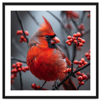 Northern Cardinal Bird Perched Among Red Berries
