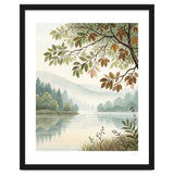Tranquil Lakeside Forest Watercolor Painting with Overhanging Autumn Branches and Misty Mountain Reflection thumbnail