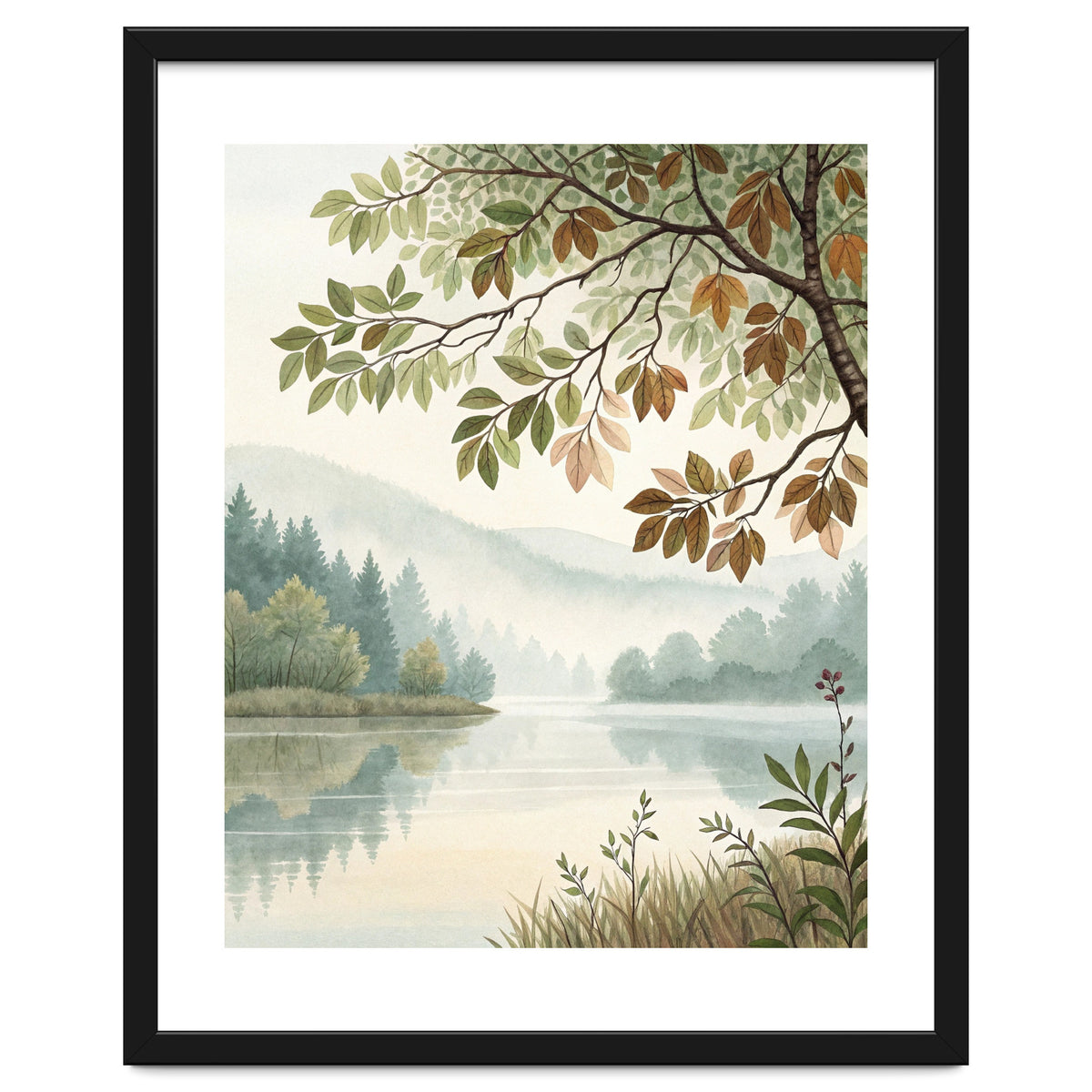Tranquil Lakeside Forest Watercolor Painting with Overhanging Autumn Branches and Misty Mountain Reflection
