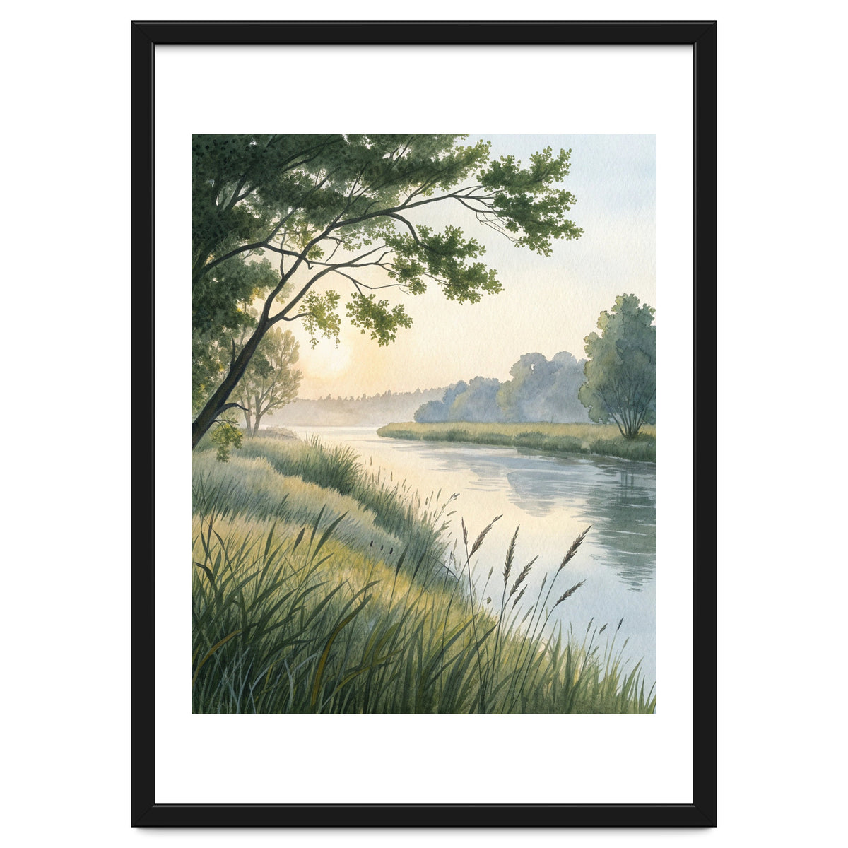 Serene River Sunrise Watercolor Painting with Meadow Grasses and Warm Golden Atmosphere Landscape