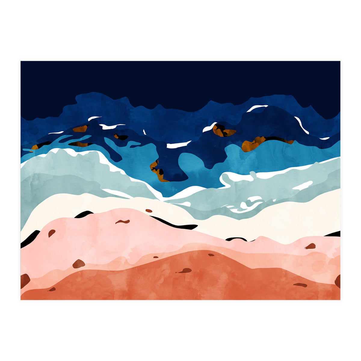 Ocean Heart, Abstract Sea Waves, Tropical Travel Watercolor Painting, Eclectic Bohemian Beach Nature (Print Only)