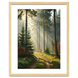 The Golden Path: Ethereal Sunbeams Piercing Through a Misty Evergreen Forest at Dawn thumbnail