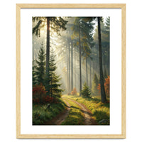 The Golden Path: Ethereal Sunbeams Piercing Through a Misty Evergreen Forest at Dawn