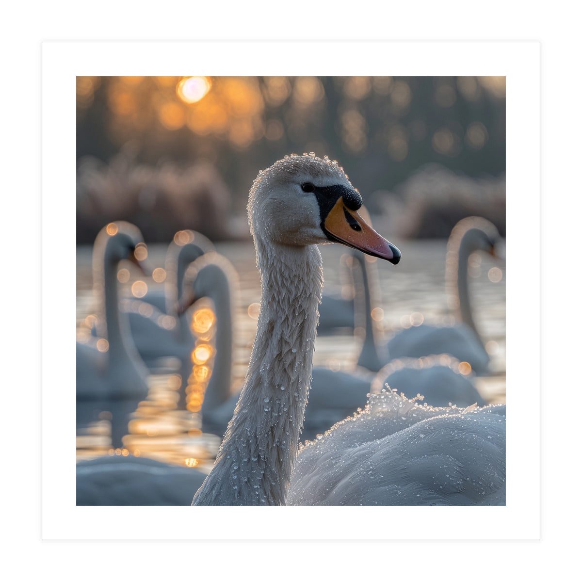 Close Up Of Swan With Water Droplets At Sunrise (Print Only)