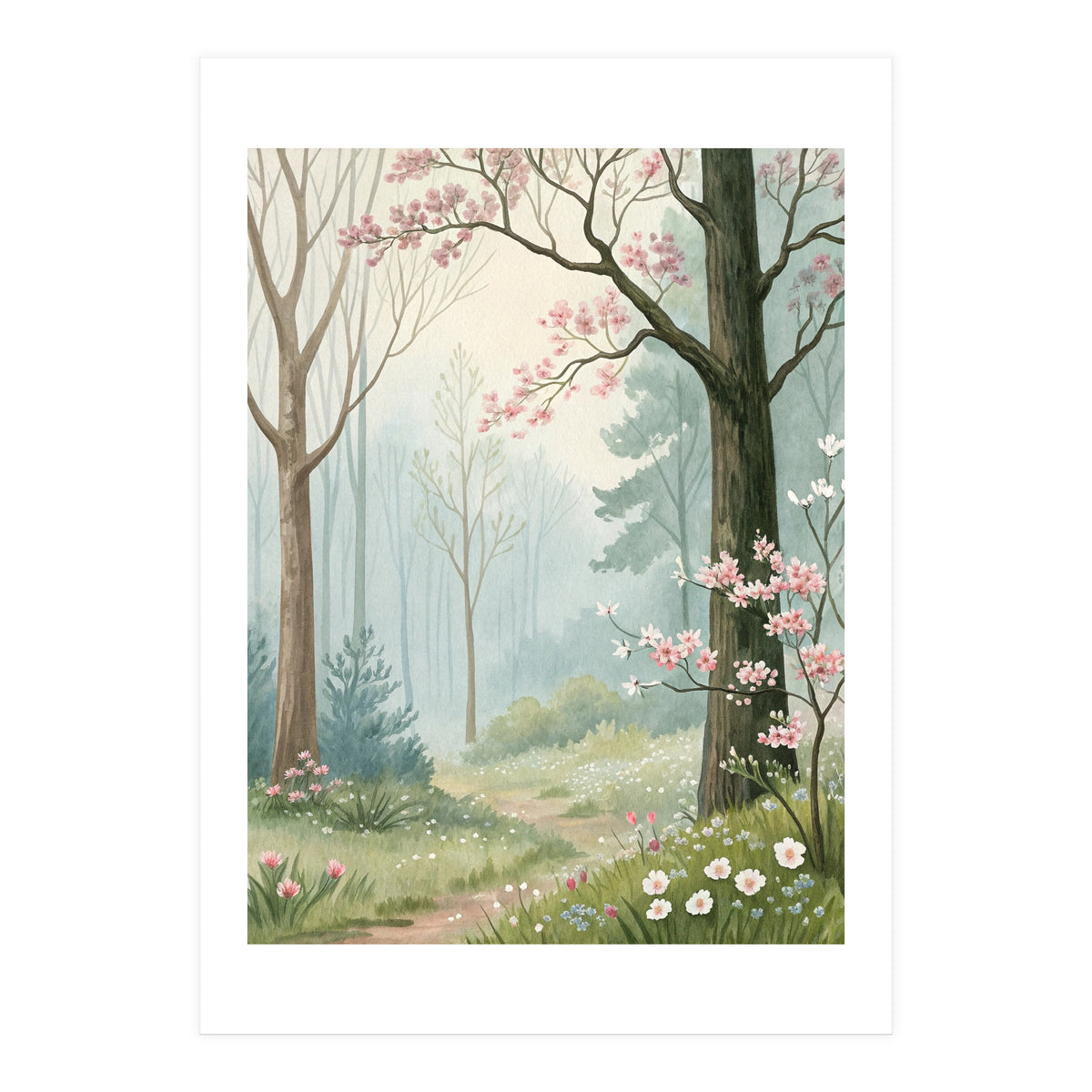 Enchanted Spring Woodland Path with Blooming Cherry Blossoms and Misty Pastel Forest Atmosphere (Print Only)
