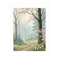Enchanted Spring Woodland Path with Blooming Cherry Blossoms and Misty Pastel Forest Atmosphere (Print Only)