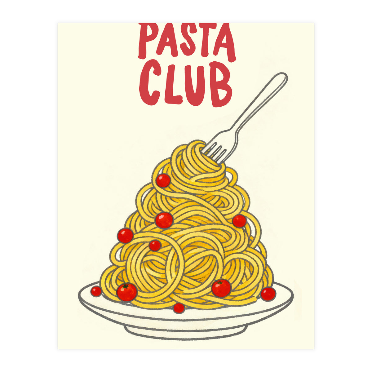 Pasta Club Illustration, Spaghetti and Tomatoes Art Print for Kitchen Wall Decor (Print Only)