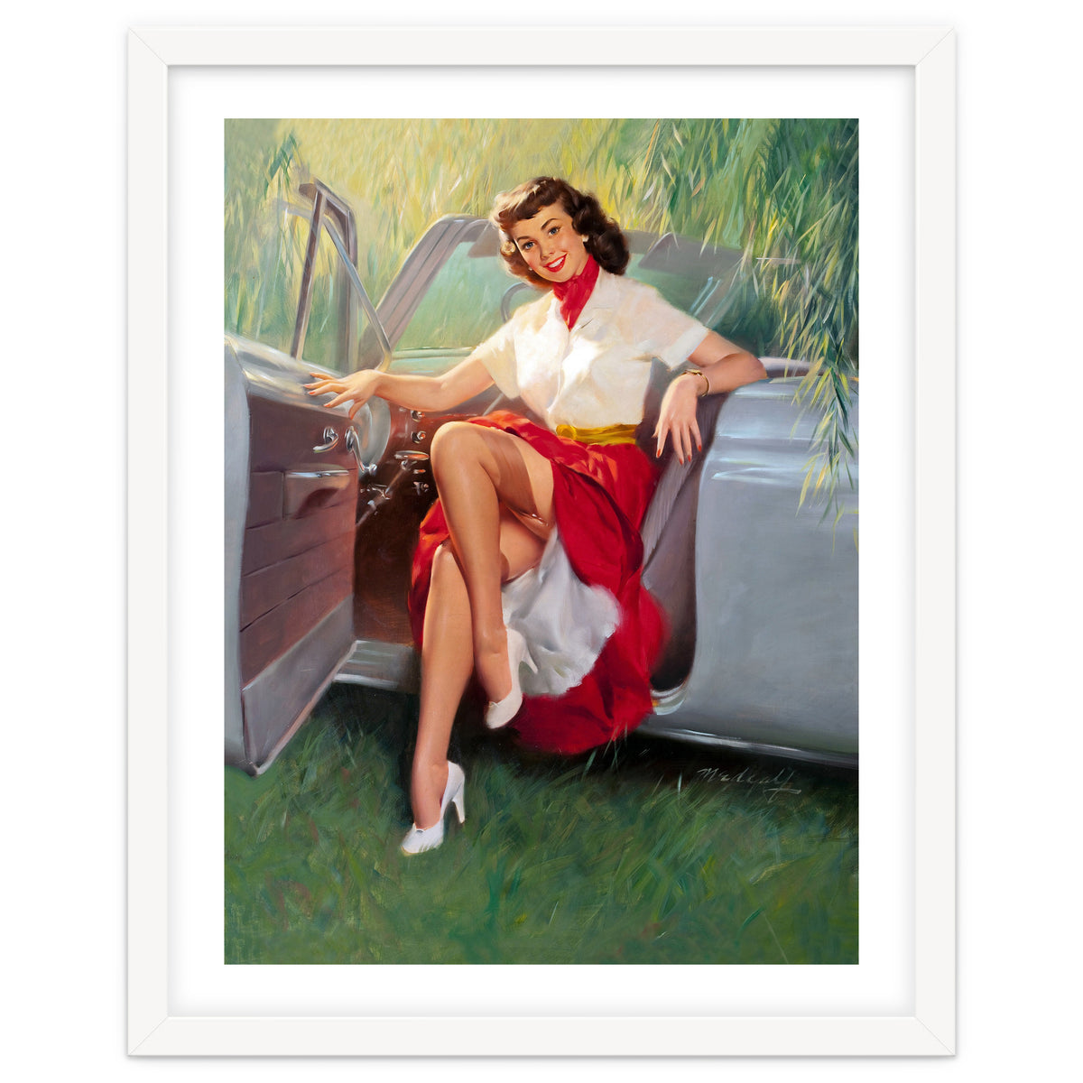 Sexy Pinup Woman Posing In Convertible Car