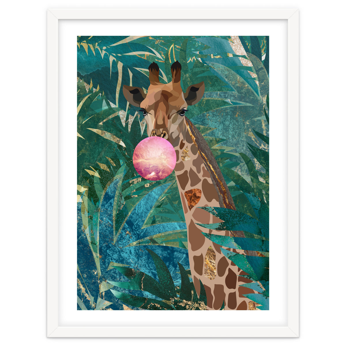 Giraffe blowing a bubble in the jungle