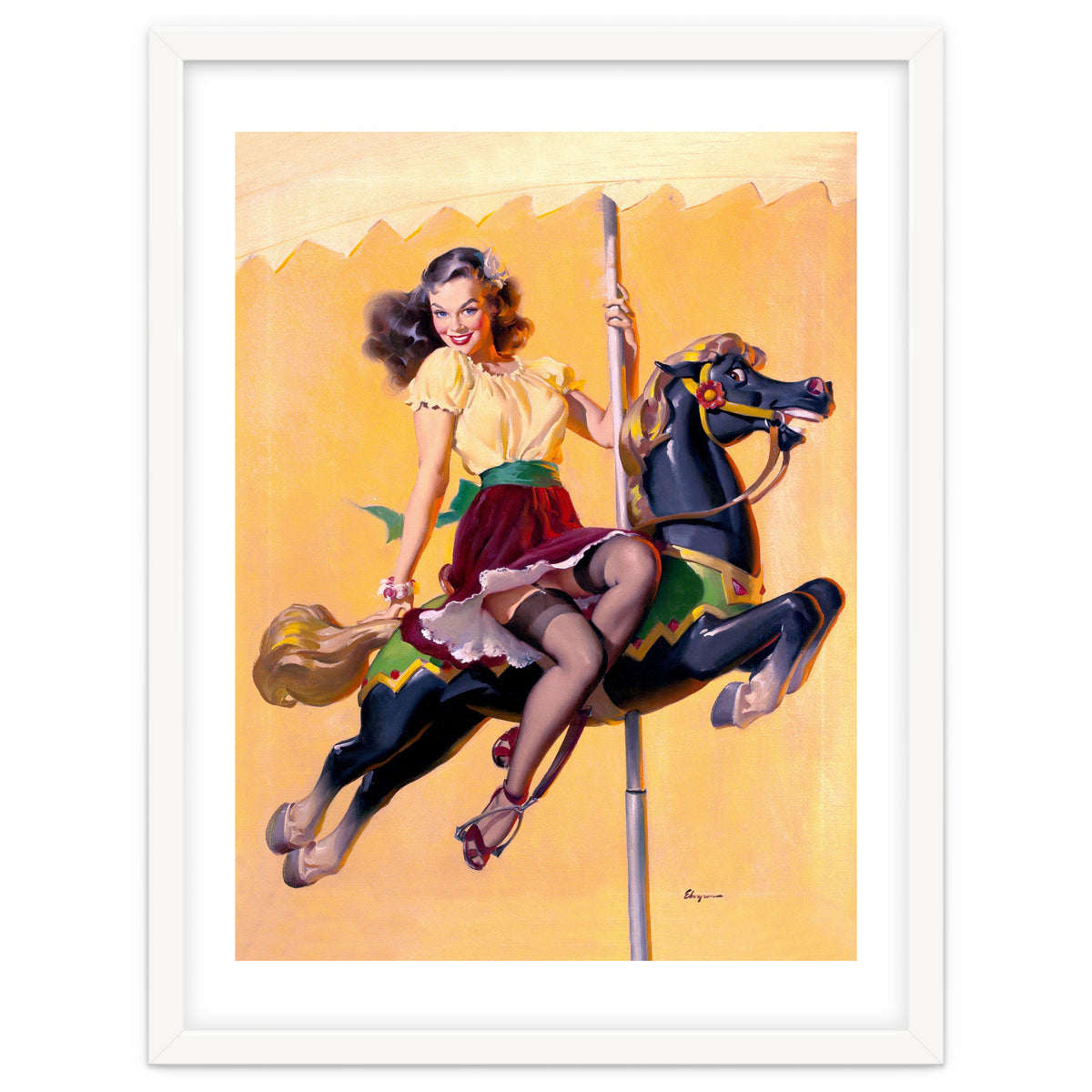 Pinup Sexy Girl Riding A Wooden Horse