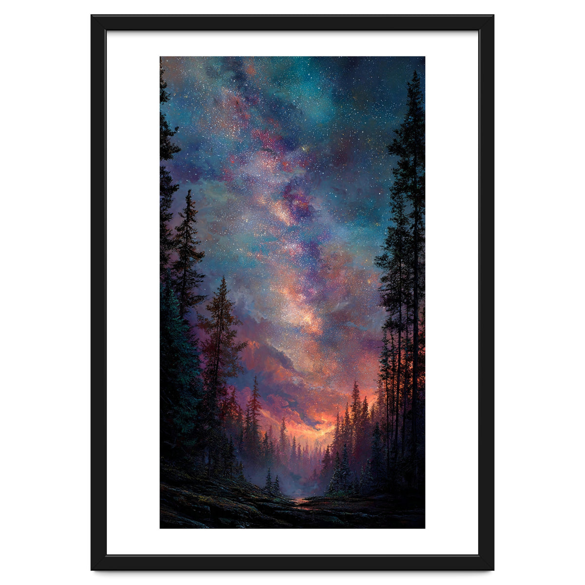 Magical Milky Way Night Sky over Pine Forest Silhouette Art