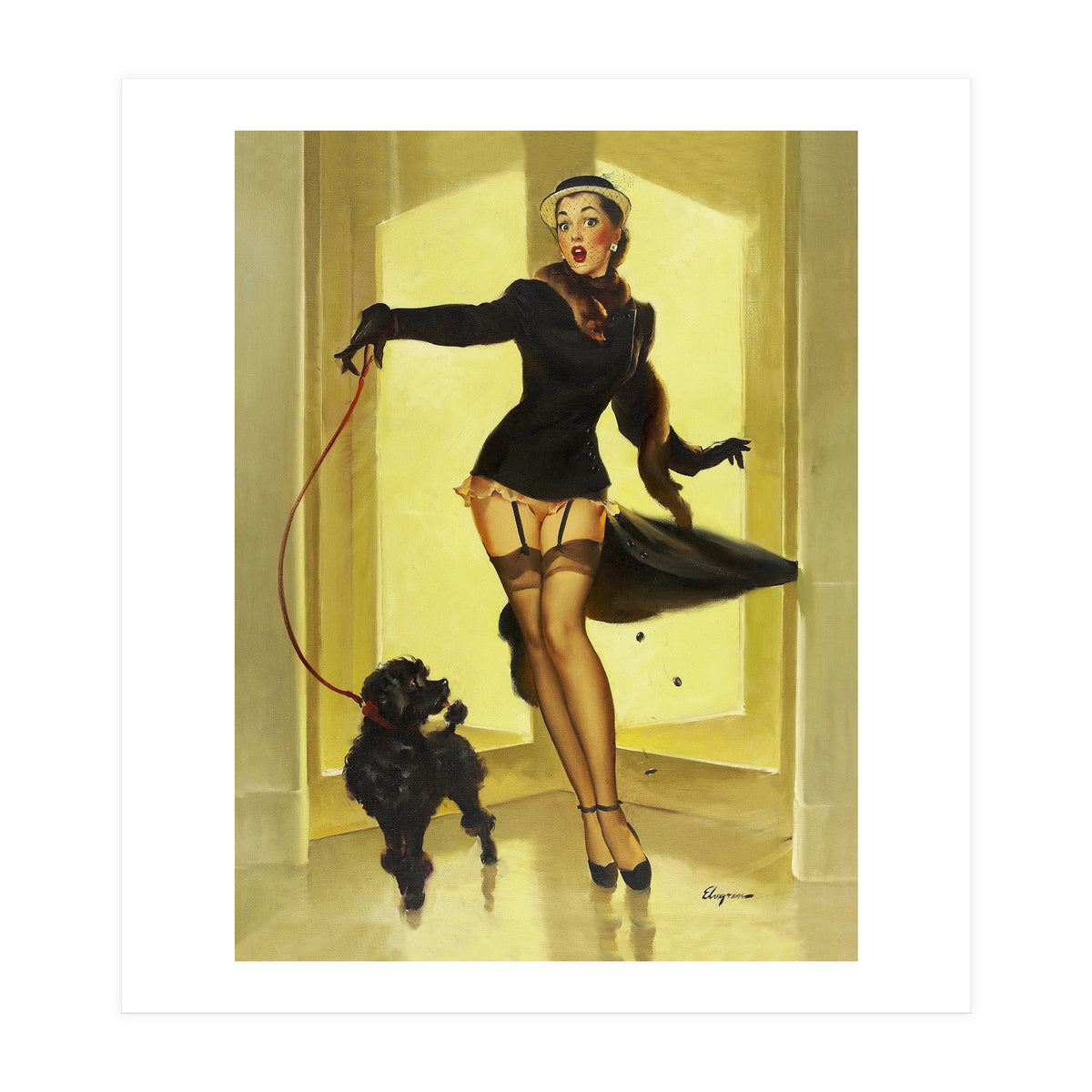 Pinup Girl In Black Dress On A Hall Experiencing Sudden Wind (Print Only)