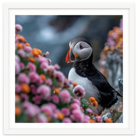 Puffin Bird Among Colorful Wildflowers In Bloom