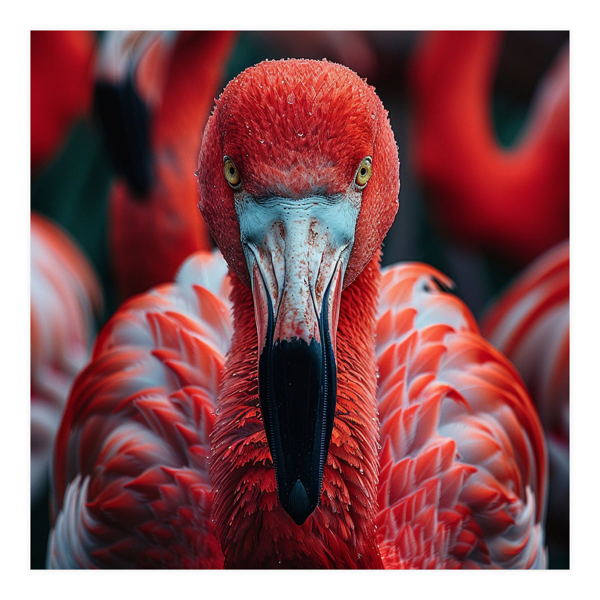 Close Up Flamingo Head With Bright Red Feathers (Print Only)