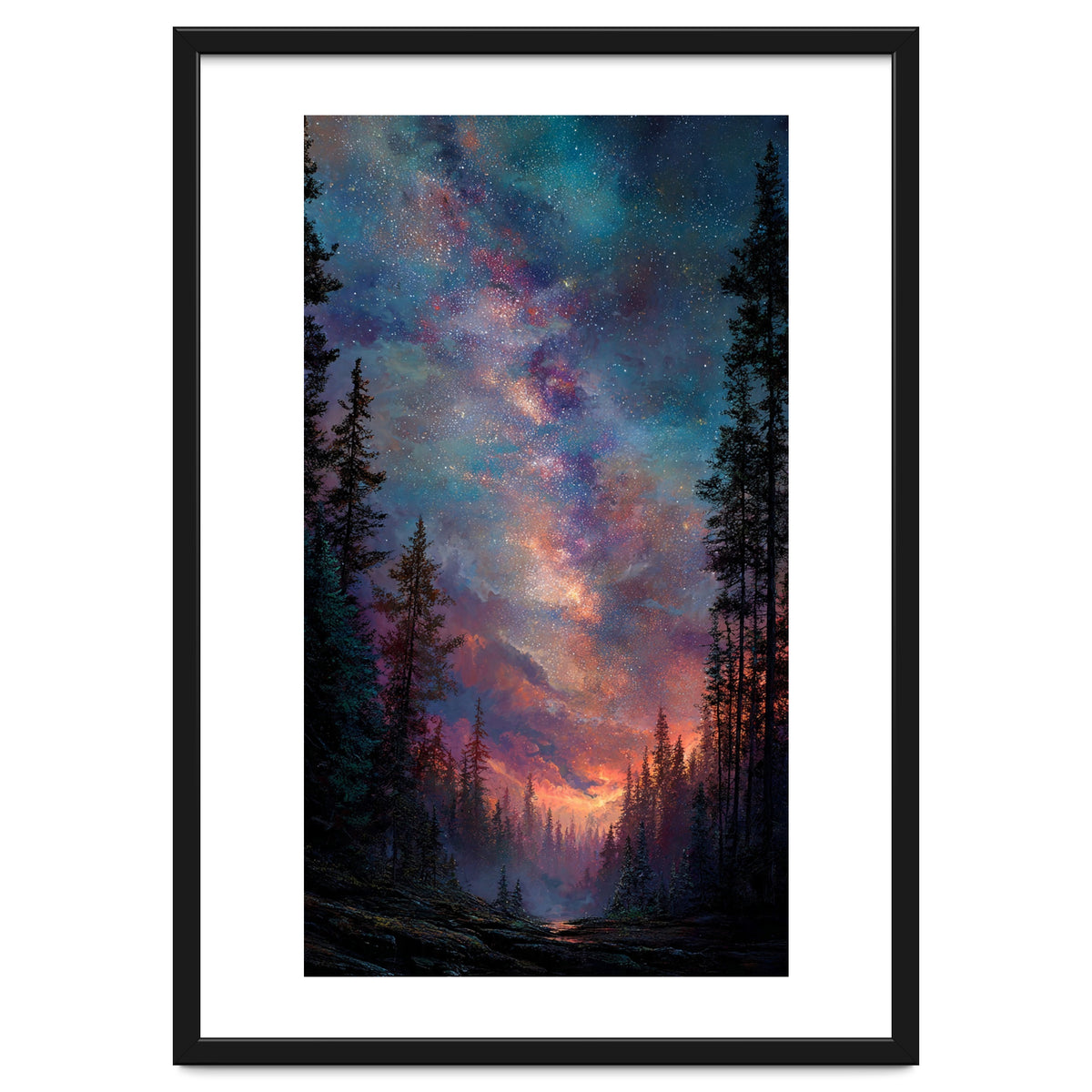 Magical Milky Way Night Sky over Pine Forest Silhouette Art