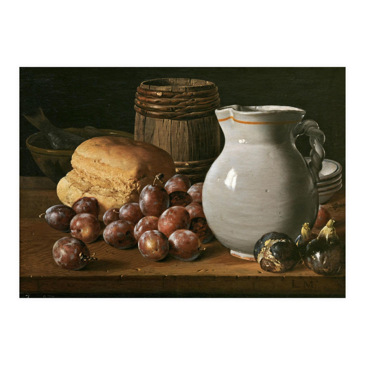 Luis Egidio Meléndez / 'Still Life with Plums, Figs, Bread and Fish', 18th century, Spanish School. (Print Only)