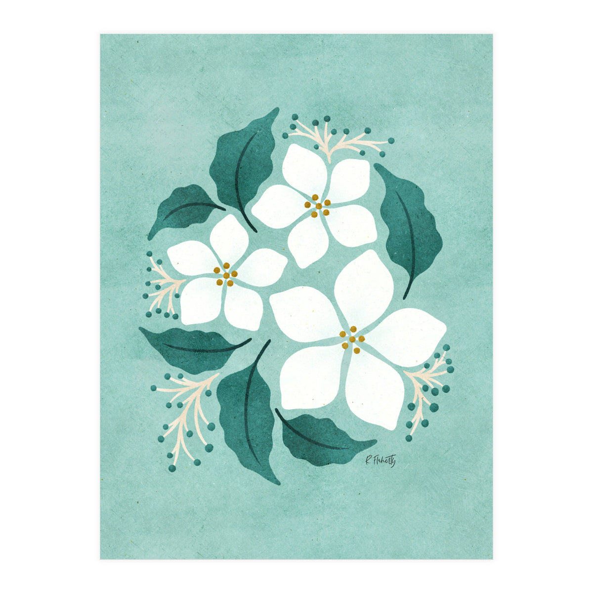 White Flowers On Mint (Print Only)