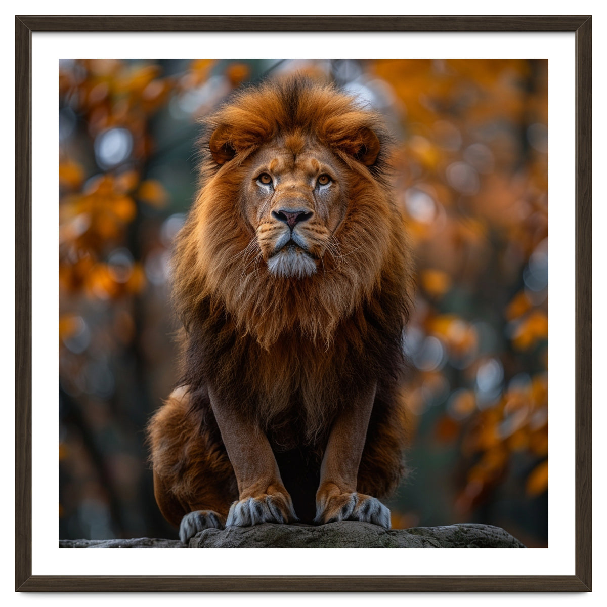 Majestic Lion Sitting On A Rock In Autumn Forest