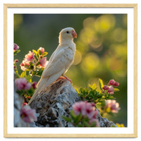 Albino Parrot Perched On A Rock Amongst Flowers