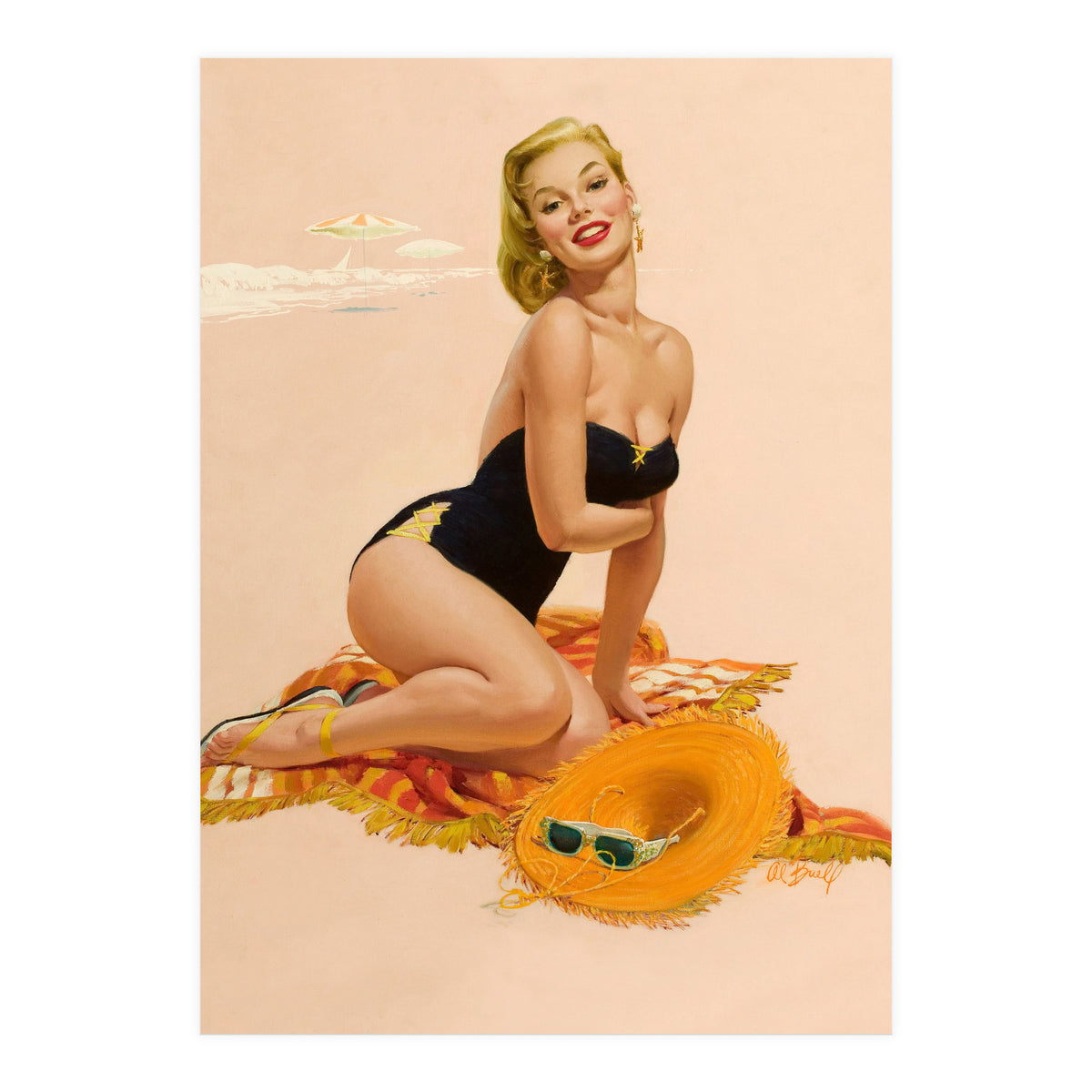 Pinup Woman Is Posing On A Beach (Print Only)