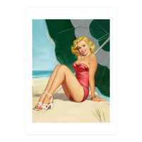 Sexy Pinup Girl On The Beach Under Big Sunshade (Print Only)