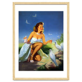 Beautiful Pinup Girl Feeding White Pigeons thumbnail