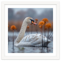 White Swan Swimming In A Lake With Reeds